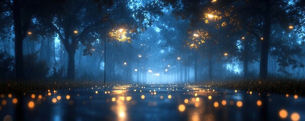 Obraz premium A serene nighttime scene with glowing lights illuminating a beautiful, misty forest path surrounded by tranquil nature.