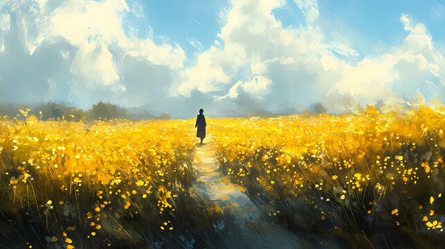 Along the path in a winter morning through a vast field i was walking. it was full of golden mustard flowers. Golden Fields. Illustration