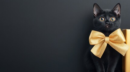 A cute black cat wearing a large gold bow, against a dark background. Ideal for Black Friday or holiday promotions.