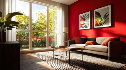 Modern living room interior with red and yellow wall