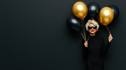 Stylish woman holding black and gold balloons, dressed in black against a dark background. Perfect for Black Friday sales promotions.