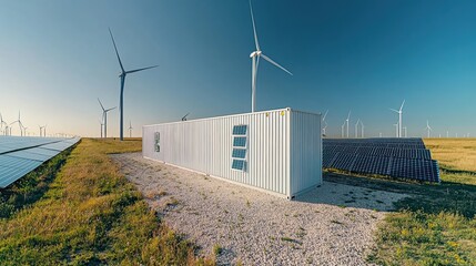 Renewable energy with wind turbines, solar panels, and battery storage systems