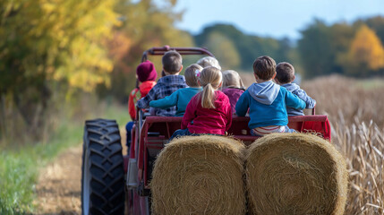 Group of children riding on a hay bale tractor during an outdoor farm adventure, having fun exploring nature and enjoying a countryside experience.