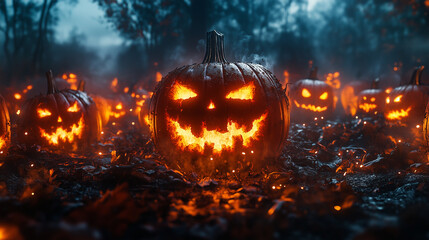 Naklejka premium Halloween pumpkin in the garden. A haunted pumpkin patch with eerie glowing pumpkins