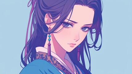 Beautiful anime-style illustration of an ancient Chinese women in blue and purple hanfu with beads