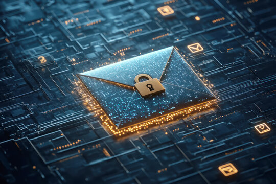 Digital envelope with a padlock symbol, representing email security, encryption, and data privacy on a futuristic circuit board background