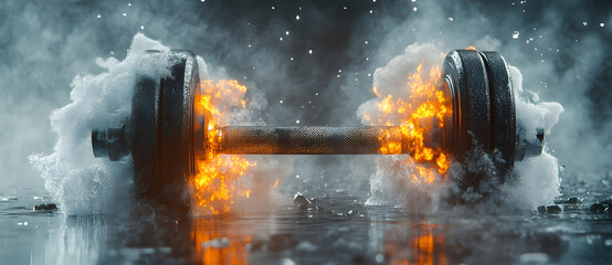 Fototapeta premium Dumbbell with Water and Fire Elements, Fitness Concept design