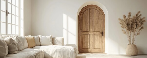 Neutral-toned living room with an arched wooden door, blending minimalist decor and architectural beauty.