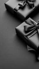 Top view of black gift boxes with matching black ribbons, placed on a minimalist dark background. Ideal for premium branding, Black Friday, and holiday promotions.
