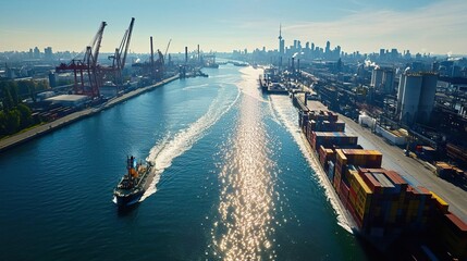 Naklejka premium Sunset over industrial buildings and mountains