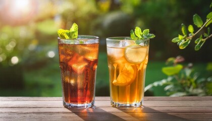 Cold Glass Of Iced Tea And Lemonade On A Sunny Table. Generated image