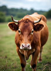 a brown cow bull cattle with horns, in a field farm