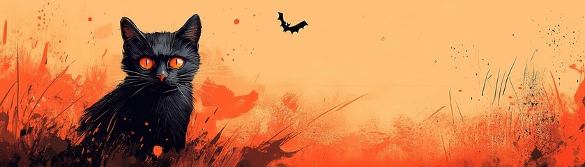 Obraz premium A mysterious black cat with striking orange eyes in an orange and red background, perfect for Halloween and autumn themes.