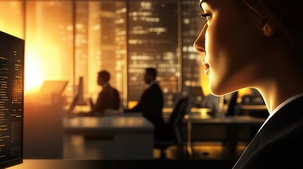office, business woman sitting at desk in front of computer, back are workers at other desks  