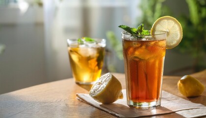Cold Glass Of Iced Tea And Lemonade On A Sunny Table. Generated image