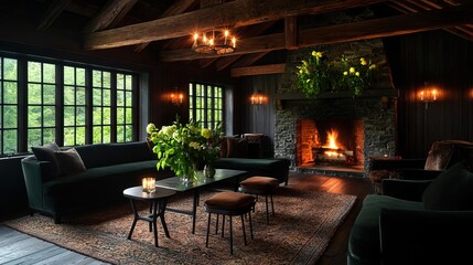 Fototapeta premium A cozy rustic living room featuring a large stone fireplace, wooden beams, and comfortable seating, creating a warm and inviting space perfect for gatherings.