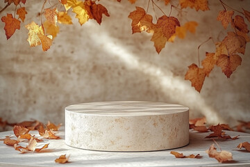 An elegantly designed, empty podium for displaying products, adorned with colorful fall leaves and set against a beige stone wall, is ideal for autumnthemed showcases and marketing efforts