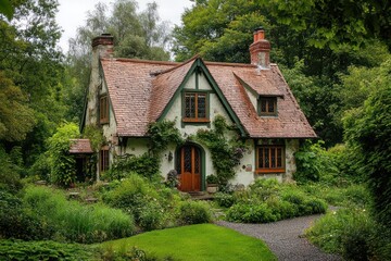 Quaint country cottage surrounded by nature.
