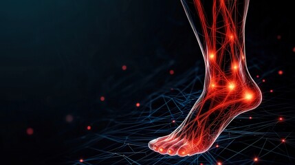 health wellness Glowing red nerve lines spreading from feet on dark gradient background symbolizing diabetic neuropathy pain and discomfort nerve damage illustration  