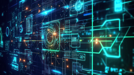 cybersecurity network interface with advanced technology graphics in blue