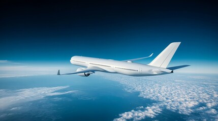 A white passenger plane glides elegantly across a vibrant blue sky, surrounded by wispy clouds, with sunlight highlighting its sleek design during a clear day