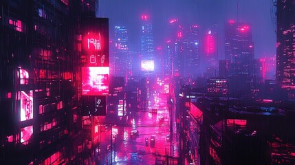 A vibrant cityscape at night illuminated by neon lights, creating a futuristic and dynamic urban atmosphere.