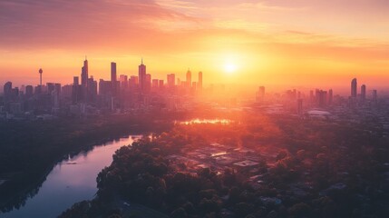 Naklejka premium Vibrant Cityscape Skyline at Dramatic Sunset over Serene River