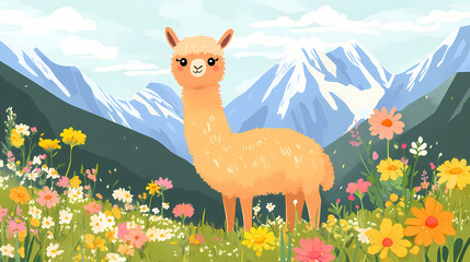 Fototapeta premium Cute alpaca in a flower meadow with mountain background. Alpine Meadow. Illustration
