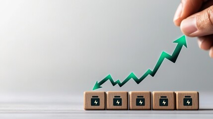 A hand is arranged in front of five wooden blocks with battery symbols on them, each block representing different charging stages from empty to full and connected by green lightnin