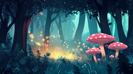 Rolgordijnen Kinderkamer Cute cartoon landscape with a magical forest glade, fairy mushrooms and fireflies, minimalist backgrounds, simple and colorful illustrations. Magical Glade. Illustration  © Thiago