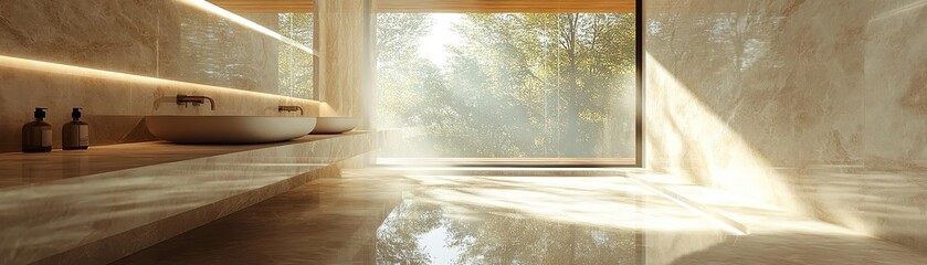 A serene and modern bathroom bathed in natural light, featuring elegant marble surfaces and large windows for a tranquil atmosphere.