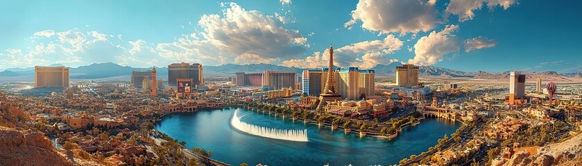 Fototapeta premium A stunning panoramic view of Las Vegas, showcasing iconic landmarks, vibrant skyline, and a serene lake under a beautiful sky.