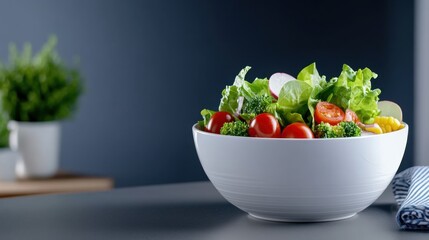 Fresh Salad Bowl with Colorful Vegetables on Table