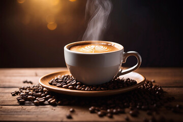 
creative photography of a cup of hot coffee on a wooden table