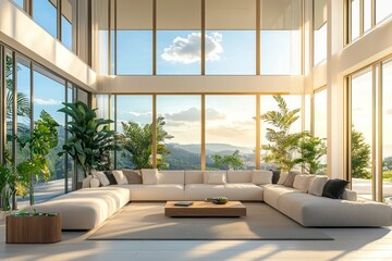 Fototapeta premium Sunlit luxury living room with modern decor and expansive windows.