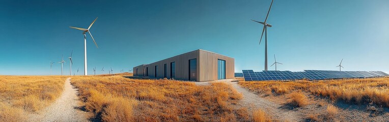Obraz premium Renewable energy with wind turbines, solar panels, and battery storage systems