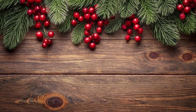 Christmas Holiday Evergreen Branches and Red Berries Over Wood Background. Generated image