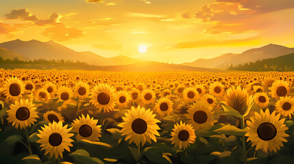 Fototapeta premium Blooming sunflowers field at sunrise. Golden Fields. Illustration