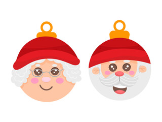 Set of two Christmas tree toys for Christmas tree decorations. Santa Claus and Mrs. Claus illustration flat