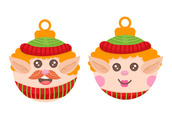Set of two Christmas tree toys for Christmas tree decorations. Two elf heroes illustration flat