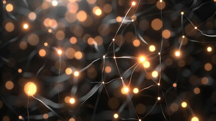 Abstract network of glowing nodes and light spots on a dark background, creating a dynamic and modern atmosphere with a blend of soft glows and intricate connections