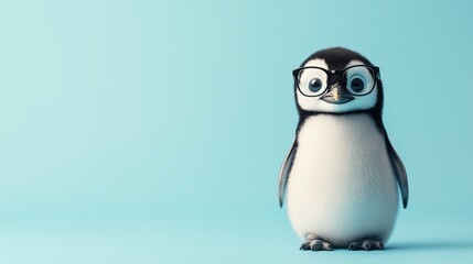 Obraz premium Cute little smille penguin with glasses in front of studio background. Copy Space. Banner