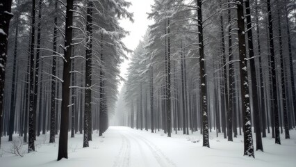 Generative AI, a snowy road in a forest with lots of trees on both sides of it and a few snow on the ground, winter, a matte painting, german romanticism
