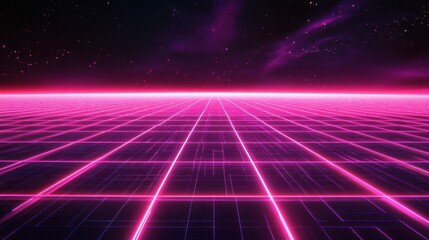 Retro-inspired neon grid with bright pink and purple lights, extending into the distance under a black sky.