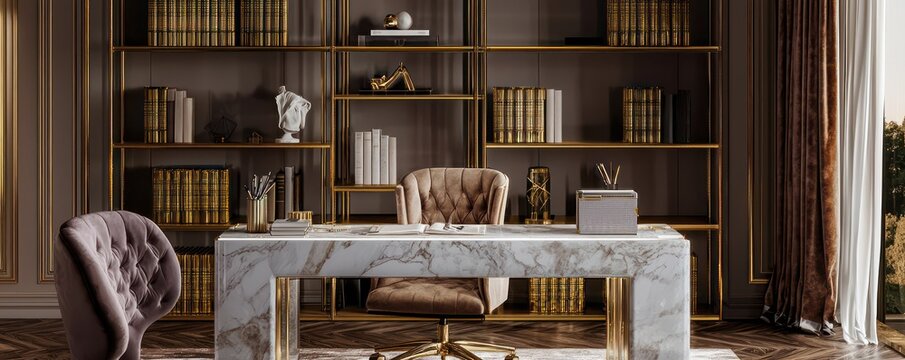 A decadent home office with a marble desk, gold bookshelves, and a velvet executive chair Designed for luxurious productivity and high-end business dealings