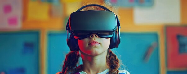 Youthful and vibrant celebration of learning with a child engaged in virtual reality technology at school, illustrating modern educational techniques.