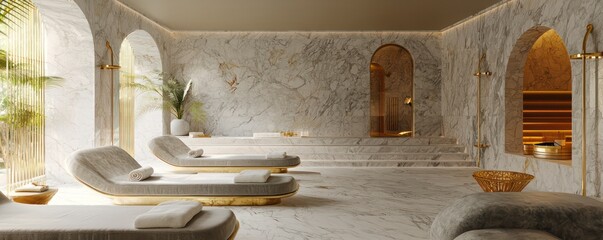 A decadent home spa with a marble steam room, gold fittings, and velvet loungers A tranquil setting designed for relaxation and rejuvenation