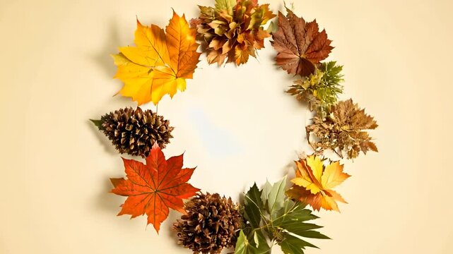 Autumn leaves and pine cones forming a circle are slowly changing positions on a white background