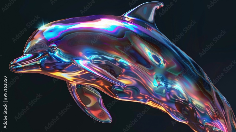 Leinwandbilder holo abstract 3d form in the shape of a pearlescent transparent dolphin. ai generative.