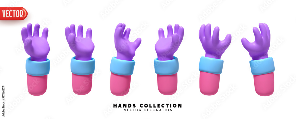 Poster set of hands 3d realistic design. collection of 3d cartoon style hands in different gestures. vector